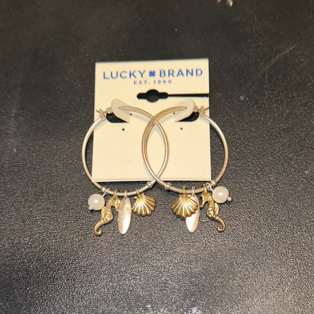 Lucky Brand Hoop Beach Seahorse Sea Shell Earrings NEW